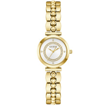 Gold watch with a white face on a white background
