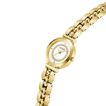 Gold watch with a white face on a white background