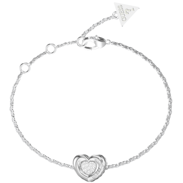 Silver bracelet with a heart-shaped clasp on a white background