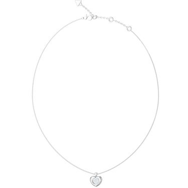 Silver necklace with a heart-shaped pendant on a white background
