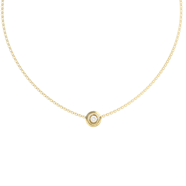 Gold necklace with a small round pendant on a white background