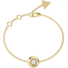 Gold bracelet with a diamond charm on a white background