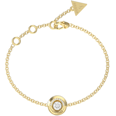 Gold bracelet with a diamond charm on a white background