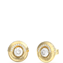 Gold earrings with clear gemstones on a white background