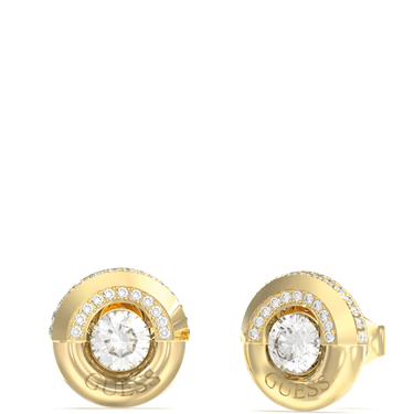 Gold earrings with clear gemstones on a white background