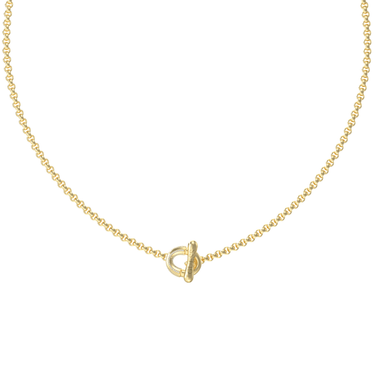 Gold necklace with a small pendant on a white background