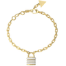 Gold bracelet with a lock charm on a white background