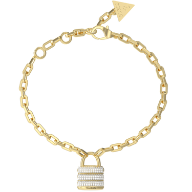 Gold bracelet with a lock charm on a white background