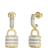 Gold and crystal earrings with 'Guess' branding on a white background