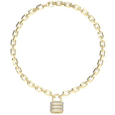 Gold chain necklace with a lock-shaped pendant on a white background
