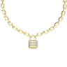 Gold chain necklace with a lock-shaped pendant on a white background