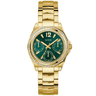 Gold watch with green face and diamond accents on a white background