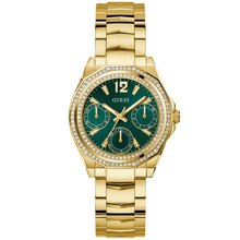 Gold watch with green face and diamond accents on a white background
