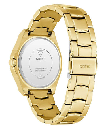 Gold watch with a visible brand logo on a white background