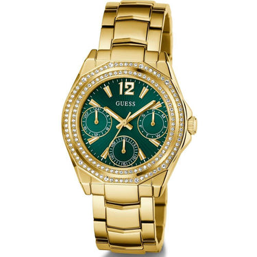 Gold watch with a green face on a white background