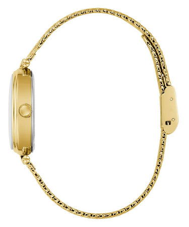 Gold watch with a chain strap on a white background