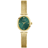 Gold watch with green face on a white background