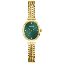 Gold watch with green face on a white background