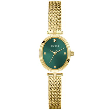Gold watch with green face on a white background