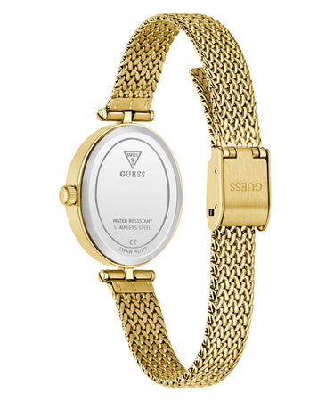 Gold watch with mesh band on a white background