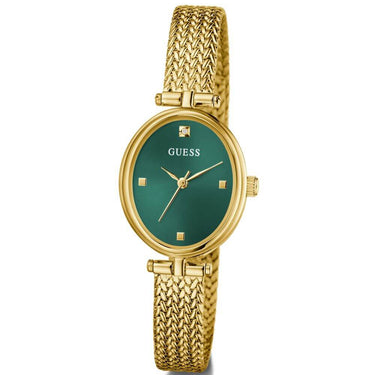 Gold watch with green dial on a white background