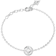 A delicate silver chain bracelet with a central round pavé-set clear gemstone and an adjustable lobster clasp, shown on a plain white background.
