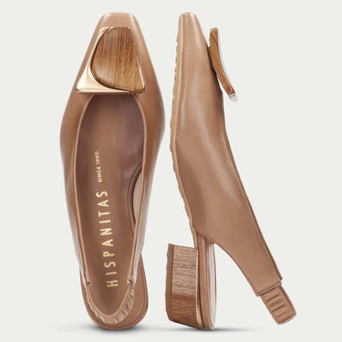 Pair of brown high-heeled shoes with 'HISPANITAS' branding on a light gray background