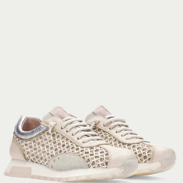 beige leather woven style sneakers with silver panel