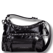 Black handbag with a visible brand logo on a white background