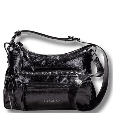 Black handbag with a visible brand logo on a white background