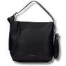 Black leather handbag with a strap on a white background