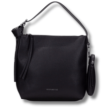 Black leather handbag with a strap on a white background