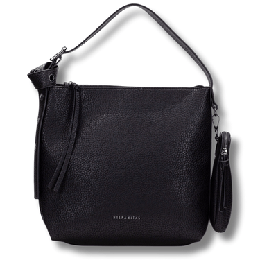 Black leather handbag with a strap on a white background