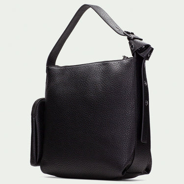 Black leather handbag on a light gray background
