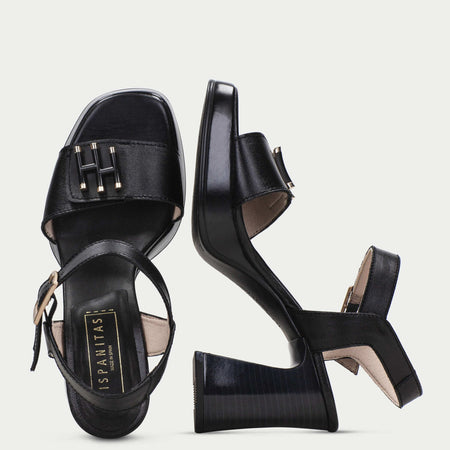 Hispanitas Black Leather Ankle Strap Platform Sandals