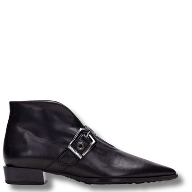 hispanitas-black-leather-buckle-pointed-toe-flat-boots