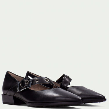 Pair of black shoes with buckles on a light gray background
