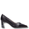 A single black leather high-heeled pump with a pointed toe and decorative lace detail on the vamp, shown in profile against a white background.