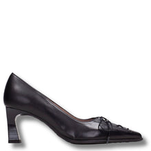 A single black leather high-heeled pump with a pointed toe and decorative lace detail on the vamp, shown in profile against a white background.