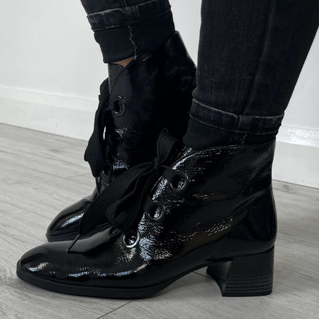 Hispanitas Black Patent Leather Lace Up Ankle Boots