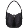 Black pebbled leather hobo shoulder bag with a braided top handle, silver-tone hardware, and a black tassel detail on the front flap.