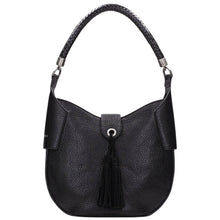 Black pebbled leather hobo shoulder bag with a braided top handle, silver-tone hardware, and a black tassel detail on the front flap.