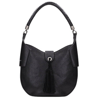 Black pebbled leather hobo shoulder bag with a braided top handle, silver-tone hardware, and a black tassel detail on the front flap.