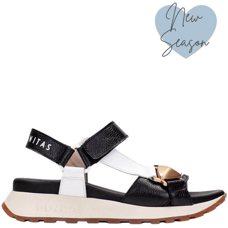 Hispanitas Black & White Leather Velcro Strap Sandals