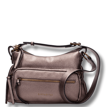 Rose gold handbag with gold zipper on a white background