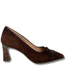 A single dark brown suede pump with a block heel and matching lace-up front, shown from a side profile on a white background.