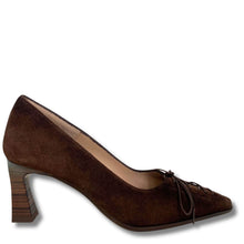 A single dark brown suede pump with a block heel and matching lace-up front, shown from a side profile on a white background.