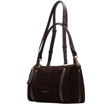 A dark brown suede shoulder bag with textured brown leather straps and gold-tone hardware, featuring the brand name 'NIPFANTAS' in gold lettering on the front, set against a plain white background.