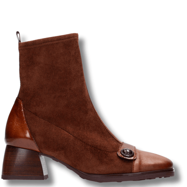 Brown suede ankle boot with a block heel on a white background