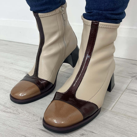 Hispanitas Cream & Brown Leather Small Heel Boots